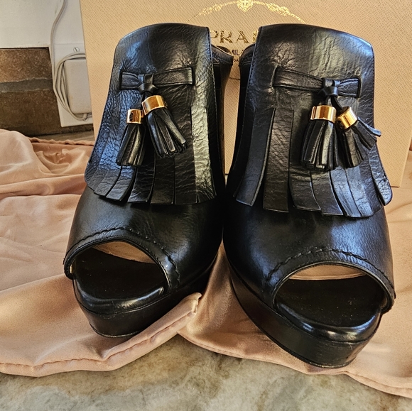 PRADA Black Peep Toe Platform Mules  Tassel Size 40 GORGEOUS 😍 Calzature Donna - Picture 9 of 14